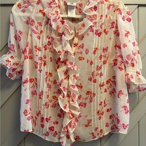 CAbi Cherish Floral Ruffle Blouse - Pink and Cream